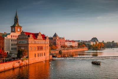 A riverside town in an example travel photo